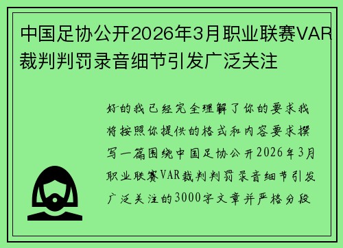 中国足协公开2026年3月职业联赛VAR裁判判罚录音细节引发广泛关注 中国足协公开2026年3月职业联赛VAR裁判判罚录音细节引发广泛关注