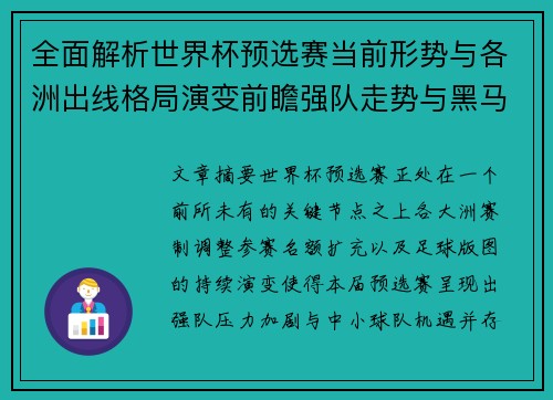 全面解析世界杯预选赛当前形势与各洲出线格局演变前瞻强队走势与黑马机会